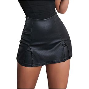 WDIRARA Women's PU Leather High Waist Shorts Split Hem Mini Skort Bodycon Skirts
