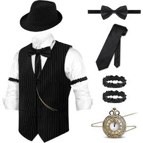 Vintage 6PCS Mens 1920s Striped Gatsby Custome Outfits Vest and Hat Accessories for Roring 20's 30's Themed Party