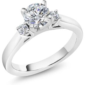 Gem Stone King 925 Sterling Silver Lab Grown Diamond 3-Stone Engagement Ring For Women | 0.87 Cttw | Round 6MM and 2.5MM | Gemstone April Birthstone | DEF Color | VVS-VS Clarity