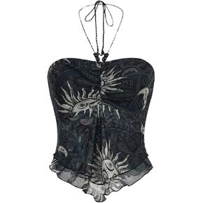 Women's Tribal Pattern Asymmetrical Hem Tie Halter Backless Tops Boho Ruched Sleeveless Cami Tops