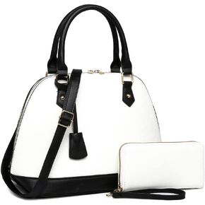Trendeology Leopard Ostrich Animal Print Vegan Leather Dome Satchel Purse Handbag (1Large Plain Leather - White/Black)