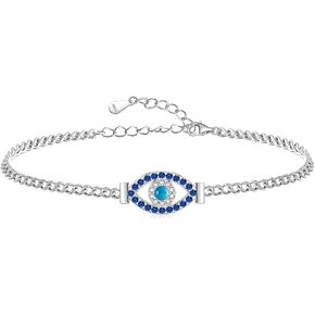 Evil Eye Bracelets Silver Turquoise Bracelet for Women 925 Sterling Silver Blue Evil Eye Cuban Link Jewelry Dainty Greek Adjustable Protection
