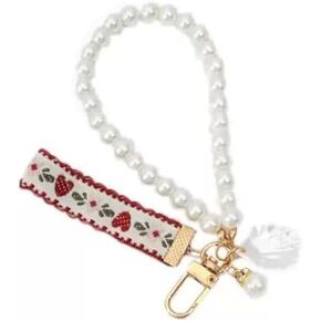 1Pc Cute Women's Imitation Pearl Chain Key Chain Girl Heart Strawberry Lace Ribbon Car Pearl Key Ring Charm Pendant Bag Hanging Keychains Charm Accessories