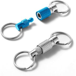 Quick Release Keychain for Men, Detachable Keychain Quick Release Key Ring, Quick Pull Apart Keyring with 2 Split Rings, Metal Safety Keychain for Car Purse Bag Accessories (Blue Silver, 2Pack)
