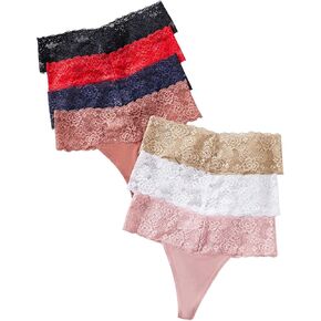 Verdusa Women's 7Pack Lace Thong Panties Mid Waist Underwear