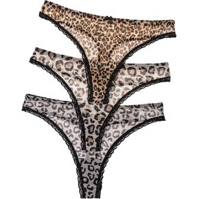 Women's 3 Pack Sexy Leopard Print Thongs Lace Trim Panties Mesh Sheer G-String Cheeky Low Rise Cheetah Underwear