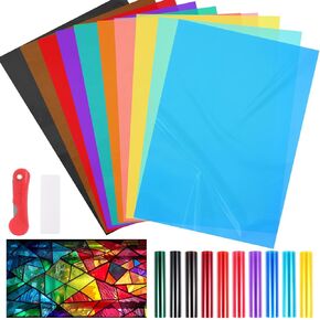 20 Sheet 10 Colors Window Film Transparent Decorative Glass Film Self-Adhesive Window Tinting with Knives and Scrapers for DIY Party Home Decoration A4 Sample 21 cm x 30 cm