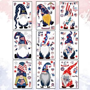 ABTOLS 9 Sheets Patriotic 4th of July Gnome Window Clings Reusable Independence Day Static Windows Cling Decal Removable America Flag Gnome Truck Stickers for Patriotic Window Decoration Party Supply
