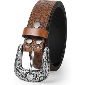 Women Western Belt Cowboy Cowgirl PU Leather Belts with Vintage Engraved Buckle