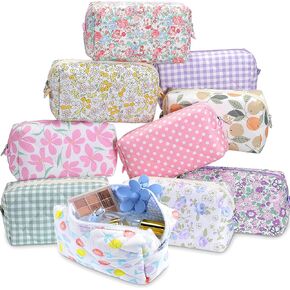 Paterr 10 Pcs Cotton Quilted Makeup Bag Bulk Floral Cosmetic Pouch Gingham Make up Bag Coquette Aesthetic Makeup Pouch with Zipper Travel Portable Case Preppy Gifts for Women(Classic Style)