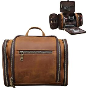 EURYNOME Toiletry Bag For Men, Genuine Leather Toiletries Organizer, Travel Hanging Toiletry Bag Large Water-resistant Bathroom Shaving Kit for Cosmetics, Makeup Case Travel Dopp Kit