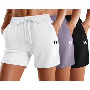 Neer 3 Pack Women's Sweat Shorts, Summer Drawstring Cotton Shorts with Pocket Loose Athletic Lounge Casual Running Bottoms(Black, Dark Gray, White,Small)