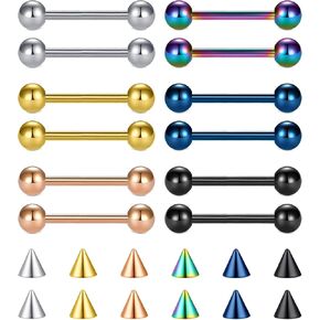 FECTAS 24PCS Tongue Nipple Piercing Jewelry Nipple Rings with Replacement Balls 14 Gauge Stainless Steel Tongue Rings Straight Barbell Bars Body Piercing Jewelry 14/16/18mm