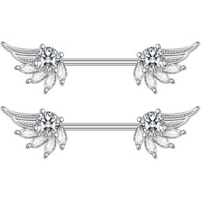 14G Angel Wings Stainless Steel Nipple Rings Sparkling Crystal Rhinestone CZ Straight Barbell Tongue Ring Nipplering Shield Bar Piercing Body Jewelry Fashion Jewelry Gifts for Women Girls Girlfriend