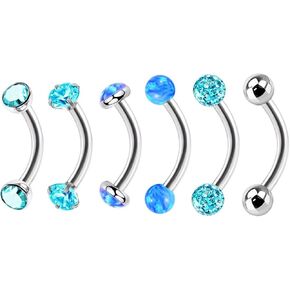 6pc 16G Surgical Steel Varies Type Internally Threaded Eyebrow Ring CZ Crystal Opal Zircon Curved Bar Barbell Ear Stud Piercing Jewelry Set