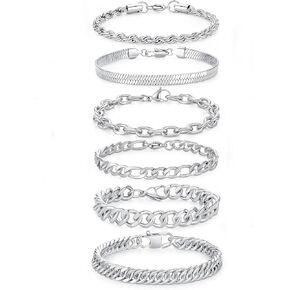 6PCS Stainless Steel Chain Bracelets for Men Women, Chunky Cuban Curb Rope Figaro Cable Herringbone Stackable Chain Bracelet Sets Gift Jewelry