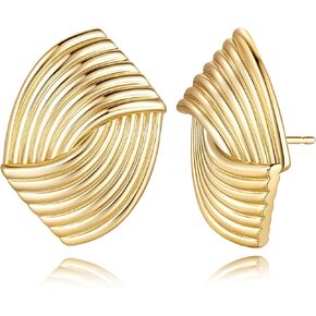 14K Gold Earrings for Women Gold Stud Earrings for Women Elegant Crisscrossing Ribbons with Vertical Stripes Chunky Womens Stud Earring