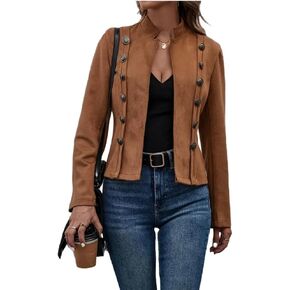Molilove Women Faux Suede Cropped Jacket Solid Double Breasted Jacket Long Sleeve Deerskin Vintage Coat Casual Outerwear