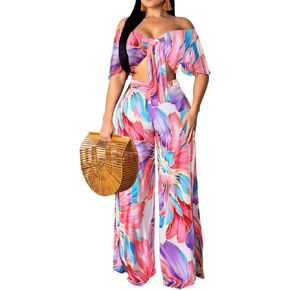 sexycherry Two Piece Outfits for Women Beach Bandage Crop Top Long Straight Pants Vacation Swimwear Cover Ups Sets