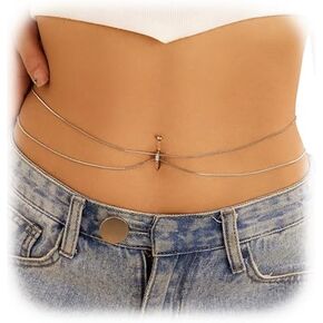 Simple Summer Beach Metal Dangle Belly Button Ring with Waist Chain Rhinestone Piercing Navel Belly Chain Sexy Bikini Multi-layered Belly Body Chain Jewelry for Women