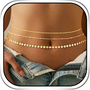 REETAN Boho Bead Waist Belly Chain Gold Layered Beach Bikini Body Jewelry for Women