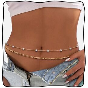 2pcs سلسلة الخصر المطلية بالذهول على شاطئ اللؤلؤ بؤلؤة جسم قابلة للتعديل بيكيني سلسلة بطن سلسلة جسم المجوهرات للنساء in Kuwait