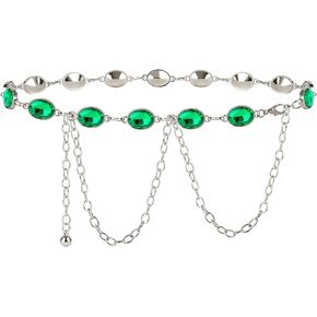 Plus Size Chain Belt for Women, Green Faux Jewel Waist Belt, 51 Inch Adjustable Extra Long Chunky Body Chain for Dresses, Party, Casual Wear, Fashion Jewelry Accessory