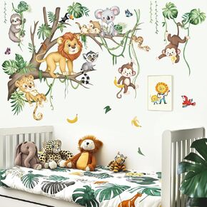 decalmile Large Safari Animals Tropical Tree Wall Decals Jungle Animals Giraffe Elephant Lion Wall Stickers Living Room Baby Nursery Kids Room Wall Decor(XXL)