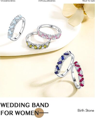 DAYBYDAY Birthstone Rings for Women 925 Sterling Silver Emerald Cut Eterinty Band Ring Created Gemstone Moissanite Wedding Band Anniversary Ring Size 6-10 in Saudi Arabia