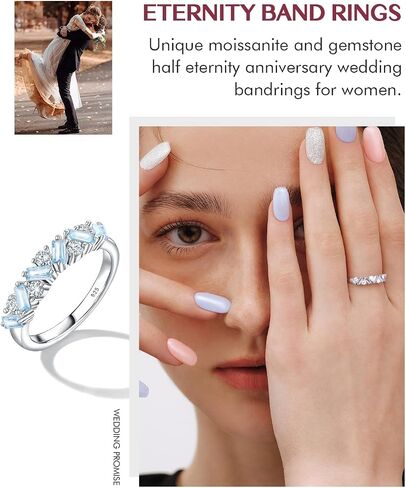 DAYBYDAY Birthstone Rings for Women 925 Sterling Silver Emerald Cut Eterinty Band Ring Created Gemstone Moissanite Wedding Band Anniversary Ring Size 6-10 in Saudi Arabia