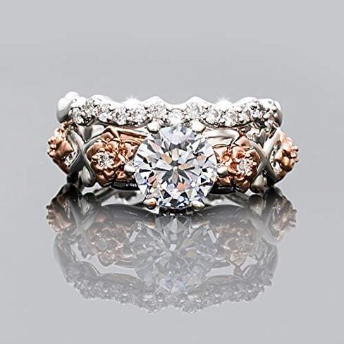 Silver Plated Two-in-One Halo Wedding Engagement Proposal Eternity Square Ring Set Round Cut Created White Topaz CZ Cubic Zirconia Pave Filled Women's Band for Bridal Mom Lover in Kuwait