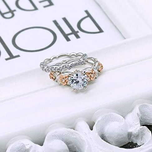 Silver Plated Two-in-One Halo Wedding Engagement Proposal Eternity Square Ring Set Round Cut Created White Topaz CZ Cubic Zirconia Pave Filled Women's Band for Bridal Mom Lover in Kuwait