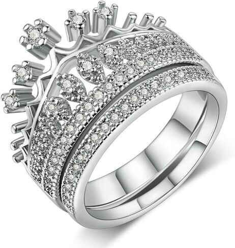 Silver Plated Two-in-One Halo Wedding Engagement Proposal Eternity Square Ring Set Round Cut Created White Topaz CZ Cubic Zirconia Pave Filled Women's Band for Bridal Mom Lover in Kuwait