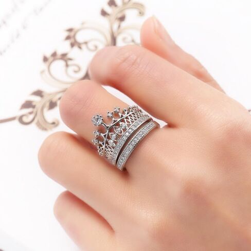Silver Plated Two-in-One Halo Wedding Engagement Proposal Eternity Square Ring Set Round Cut Created White Topaz CZ Cubic Zirconia Pave Filled Women's Band for Bridal Mom Lover in Kuwait