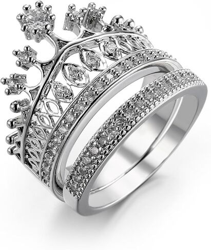 Silver Plated Two-in-One Halo Wedding Engagement Proposal Eternity Square Ring Set Round Cut Created White Topaz CZ Cubic Zirconia Pave Filled Women's Band for Bridal Mom Lover in Kuwait
