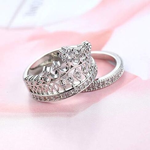 Silver Plated Two-in-One Halo Wedding Engagement Proposal Eternity Square Ring Set Round Cut Created White Topaz CZ Cubic Zirconia Pave Filled Women's Band for Bridal Mom Lover in Kuwait