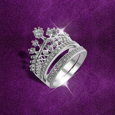Silver Plated Two-in-One Halo Wedding Engagement Proposal Eternity Square Ring Set Round Cut Created White Topaz CZ Cubic Zirconia Pave Filled Women's Band for Bridal Mom Lover in Kuwait