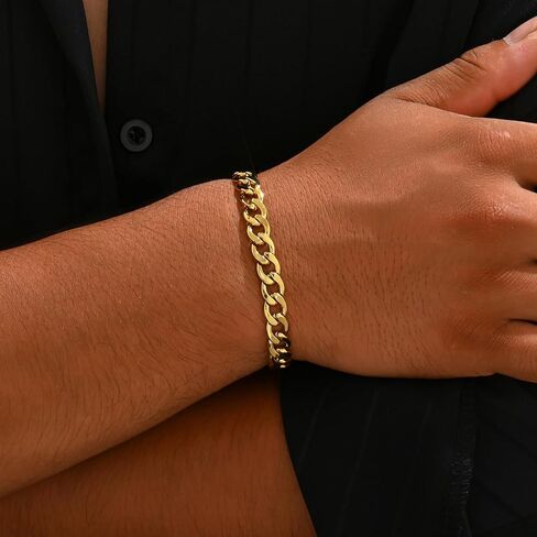 Cuban Link Bracelets for Men Women 18K Gold Plated Chunky Figaro Thick Chain Bracelets Sturdy Stainless Steel Wrist Trendy Jewelry in Saudi Arabia