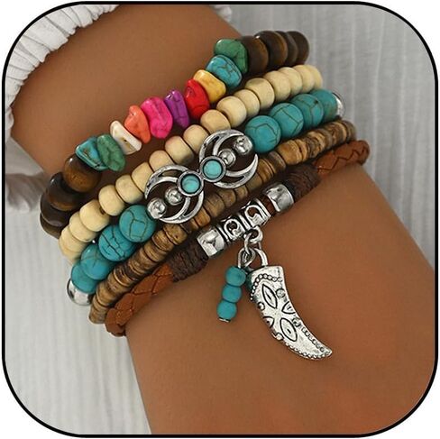 Western Cowgirl Bracelets for Women Turquoise Beaded Stretch Bracelets Aztec Bull Head Cowboy Boots Feather Bracelets Set Western Cowgirl Jewelry Accessories for Women in Kuwait