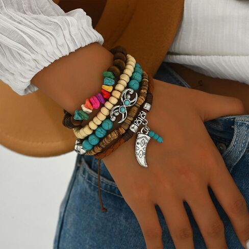 Western Cowgirl Bracelets for Women Turquoise Beaded Stretch Bracelets Aztec Bull Head Cowboy Boots Feather Bracelets Set Western Cowgirl Jewelry Accessories for Women in Kuwait