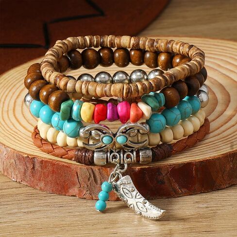 Western Cowgirl Bracelets for Women Turquoise Beaded Stretch Bracelets Aztec Bull Head Cowboy Boots Feather Bracelets Set Western Cowgirl Jewelry Accessories for Women in Kuwait