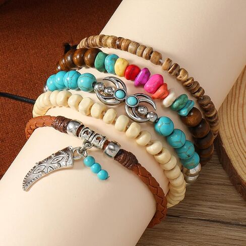 Western Cowgirl Bracelets for Women Turquoise Beaded Stretch Bracelets Aztec Bull Head Cowboy Boots Feather Bracelets Set Western Cowgirl Jewelry Accessories for Women in Kuwait