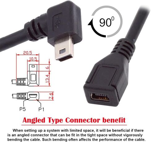 cablecc 2pcs 90 Degree Up & Down Direction Angled Mini USB 5 Pin Male to Female Extension Cable 0.2m in Saudi Arabia
