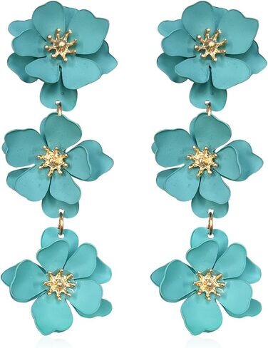YUNXI Boho Metal Poppy Flower Dangle Earring Matte Painted Dual 3 Layer Tassel Fashion Bohemian Flower Floral Petal Tiered Drop for Women in Saudi Arabia