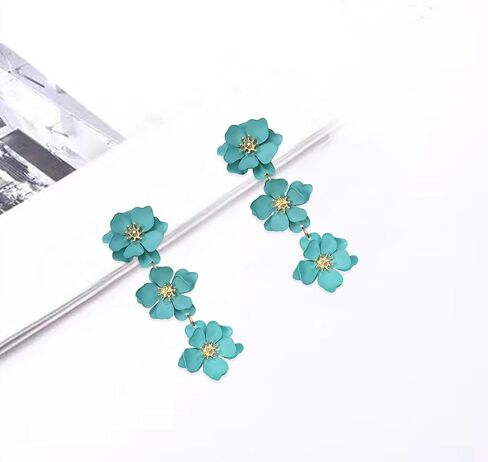 YUNXI Boho Metal Poppy Flower Dangle Earring Matte Painted Dual 3 Layer Tassel Fashion Bohemian Flower Floral Petal Tiered Drop for Women in Saudi Arabia