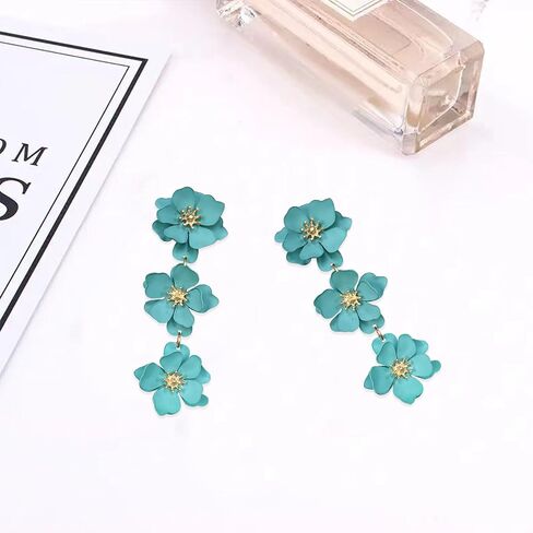 YUNXI Boho Metal Poppy Flower Dangle Earring Matte Painted Dual 3 Layer Tassel Fashion Bohemian Flower Floral Petal Tiered Drop for Women in Saudi Arabia