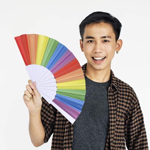 Yaomiao 12 Pieces Rainbow Fans Folding Colorful Hand Held Fan Summer Accessory for Rainbow Party Decoration (Vertical Stripes) in Saudi Arabia