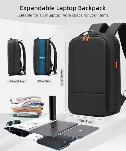 Business Backpack for Men 15.6 inch Expandable Slim Laptop Backpack With USB Charger Port Waterproof Anti-Theft Professional Work Computer Bag Hard Shell Backpack-Black in Kuwait