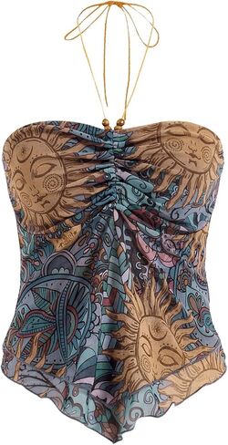 Women's Tribal Pattern Asymmetrical Hem Tie Halter Backless Tops Boho Ruched Sleeveless Cami Tops in Kuwait