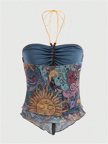Women's Tribal Pattern Asymmetrical Hem Tie Halter Backless Tops Boho Ruched Sleeveless Cami Tops in Kuwait